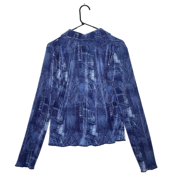 Almost Famous Womens Shirt M Blue Textured Crinkle Blouse Button Front Stretchy - Picture 2 of 7